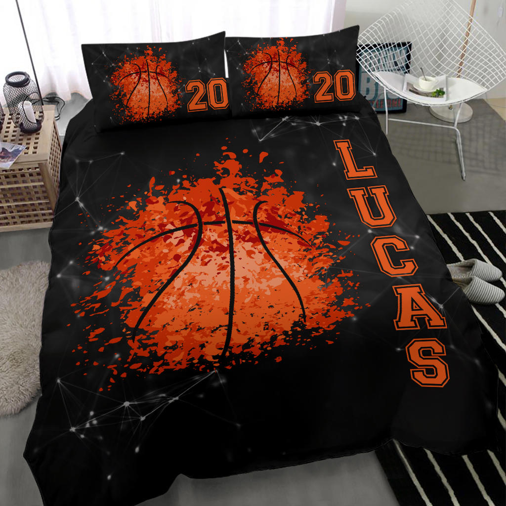 Personalized Basketball Duvet Cover Set, Basketball Ball Watercolor Player Fan Black Duvet Cover & Pillowcases, Custom Name Number Bedding Set