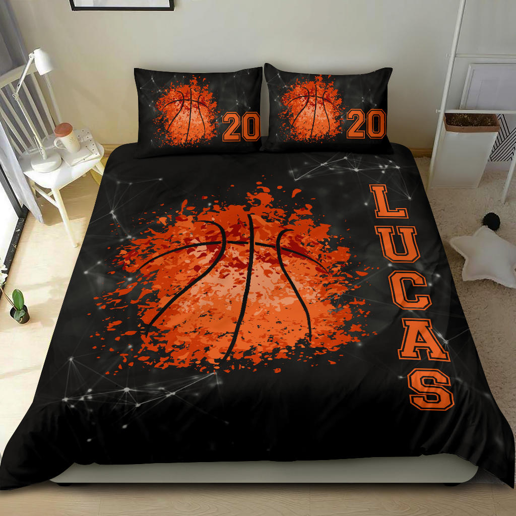 Personalized Basketball Duvet Cover Set, Basketball Ball Watercolor Player Fan Black Duvet Cover & Pillowcases, Custom Name Number Bedding Set - Image 2