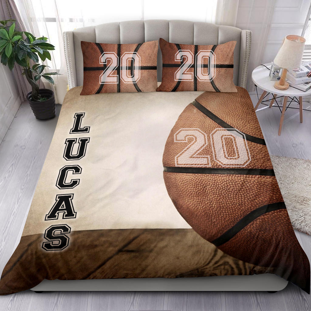 Personalized Basketball Duvet Cover Set, Basketball Ball Player Gift Vintage Brown Duvet Cover & Pillowcases, Custom Name Number Bedding Set