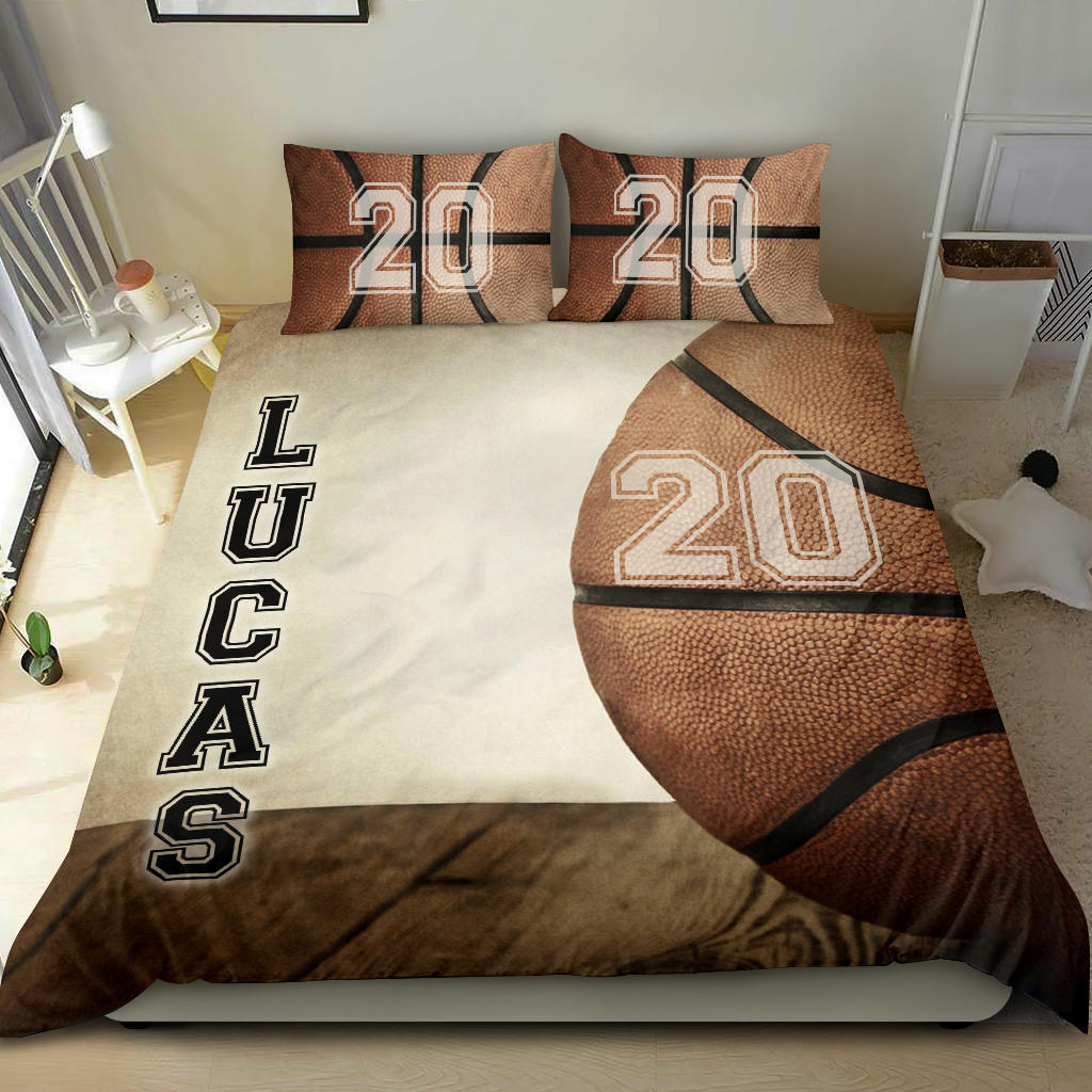 Personalized Basketball Duvet Cover Set, Basketball Ball Player Gift Vintage Brown Duvet Cover & Pillowcases, Custom Name Number Bedding Set - Image 2