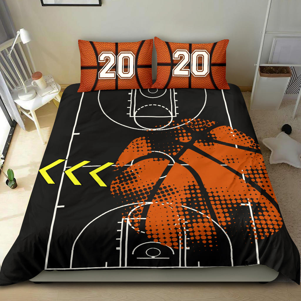 Personalized Basketball Duvet Cover Set, Basketball Field Ball Player Fan Gift Black Personalized Duvet Cover & Pillowcases, Custom Number Bedding Set