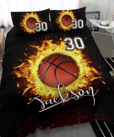 Personalized Basketball Duvet Cover Set, Fire Basketball Ball Player Fan Gift Black Duvet Cover & Pillowcases, Custom Name Number Bedding Set