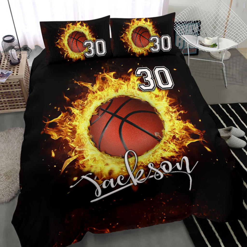 Personalized Basketball Duvet Cover Set, Fire Basketball Ball Player Fan Gift Black Duvet Cover & Pillowcases, Custom Name Number Bedding Set