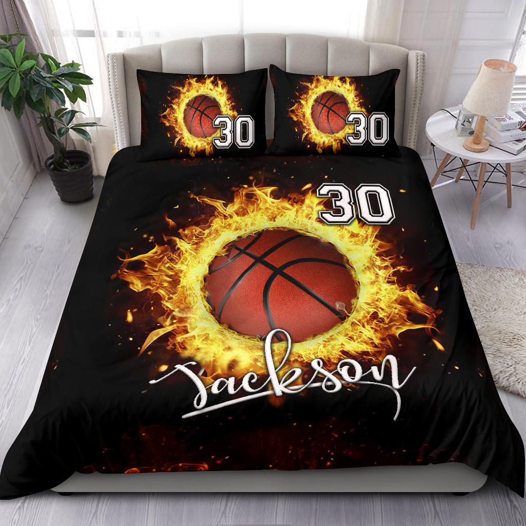 Personalized Basketball Duvet Cover Set, Fire Basketball Ball Player Fan Gift Black Duvet Cover & Pillowcases, Custom Name Number Bedding Set - Image 2