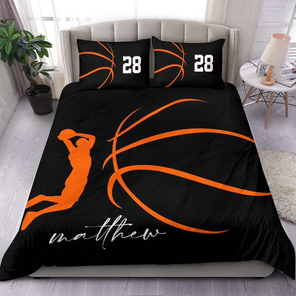 Personalized Basketball Duvet Cover Set, Basketball Paler Posing Gift Simple Black Duvet Cover & Pillowcases, Custom Name Number Bedding Set