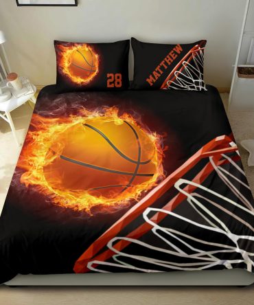 Personalized Basketball Duvet Cover Set, Fire Basketball Player Fan Gift Black Duvet Cover & Pillowcases, Custom Name Number Bedding Set