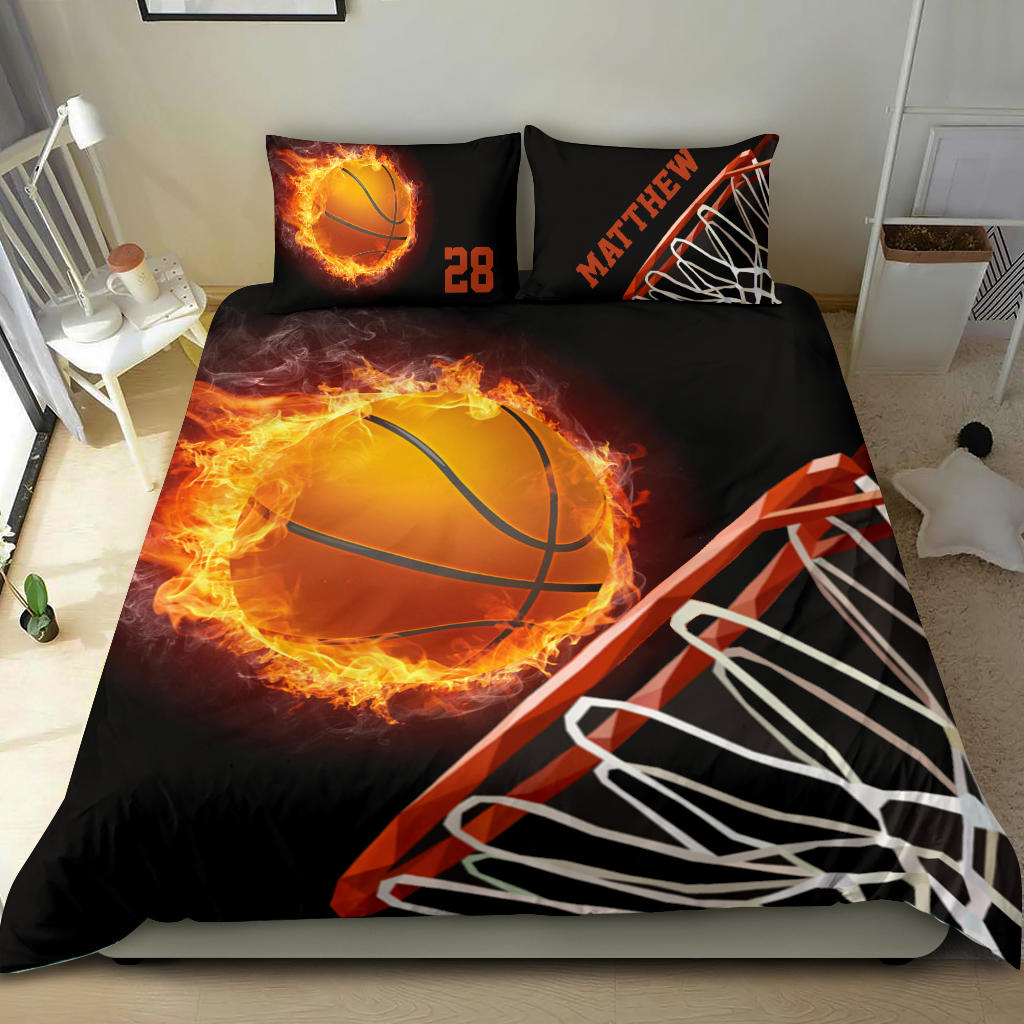 Personalized Basketball Duvet Cover Set, Fire Basketball Player Fan Gift Black Duvet Cover & Pillowcases, Custom Name Number Bedding Set