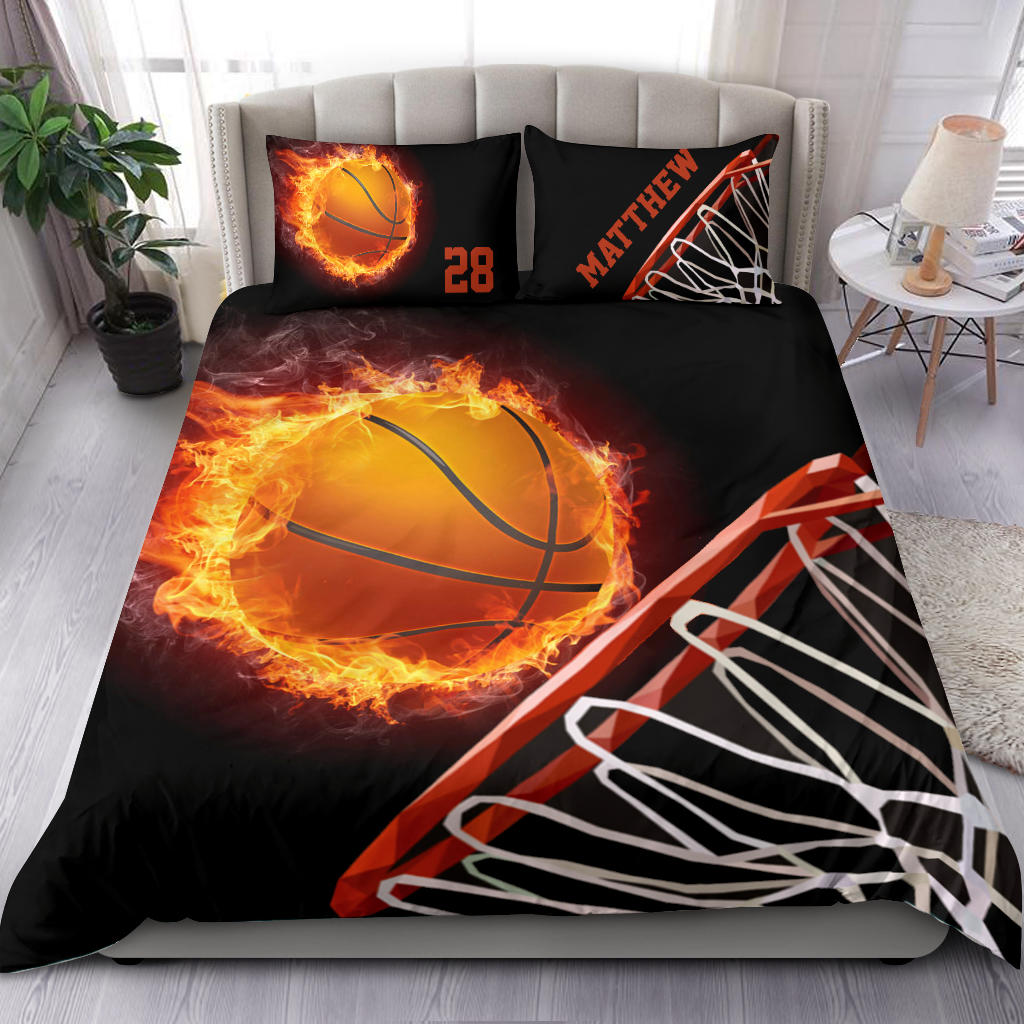 Personalized Basketball Duvet Cover Set, Fire Basketball Player Fan Gift Black Duvet Cover & Pillowcases, Custom Name Number Bedding Set - Image 2