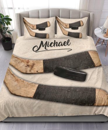 Personalized Hockey Duvet Cover Set, Hockey Stick Puck Vintage Beige Player Fan Gift Duvet Cover & Pillowcases, Custom Name Bedding Set