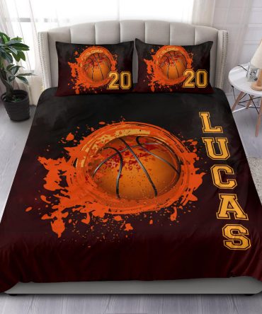 Personalized Basketball Duvet Cover Set, Watercolor Basketball Ball Player Fan Gift Duvet Cover & Pillowcases, Custom Name Number Bedding Set