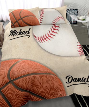 Personalized Baseball Duvet Cover Set, Basketball Baseball Ball Pattern Vintage Beige Duvet Cover & Pillowcases, Custom Name Bedding Set