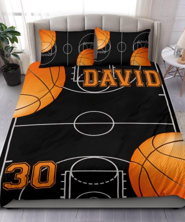 Personalized Basketball Duvet Cover Set, Basketball Ball Field Player Fan Gift Black Duvet Cover & Pillowcases, Custom Name Number Bedding Set