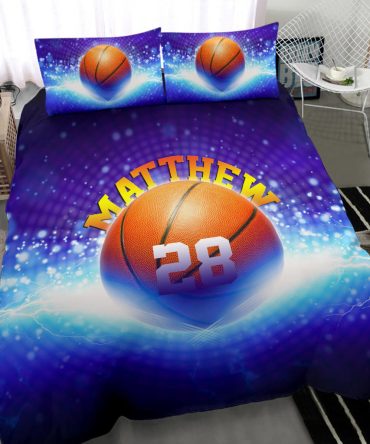 Personalized Basketball Duvet Cover Set, Basketball Ball Galaxy Blue Player Fan Gift Duvet Cover & Pillowcases, Custom Name Number Bedding Set