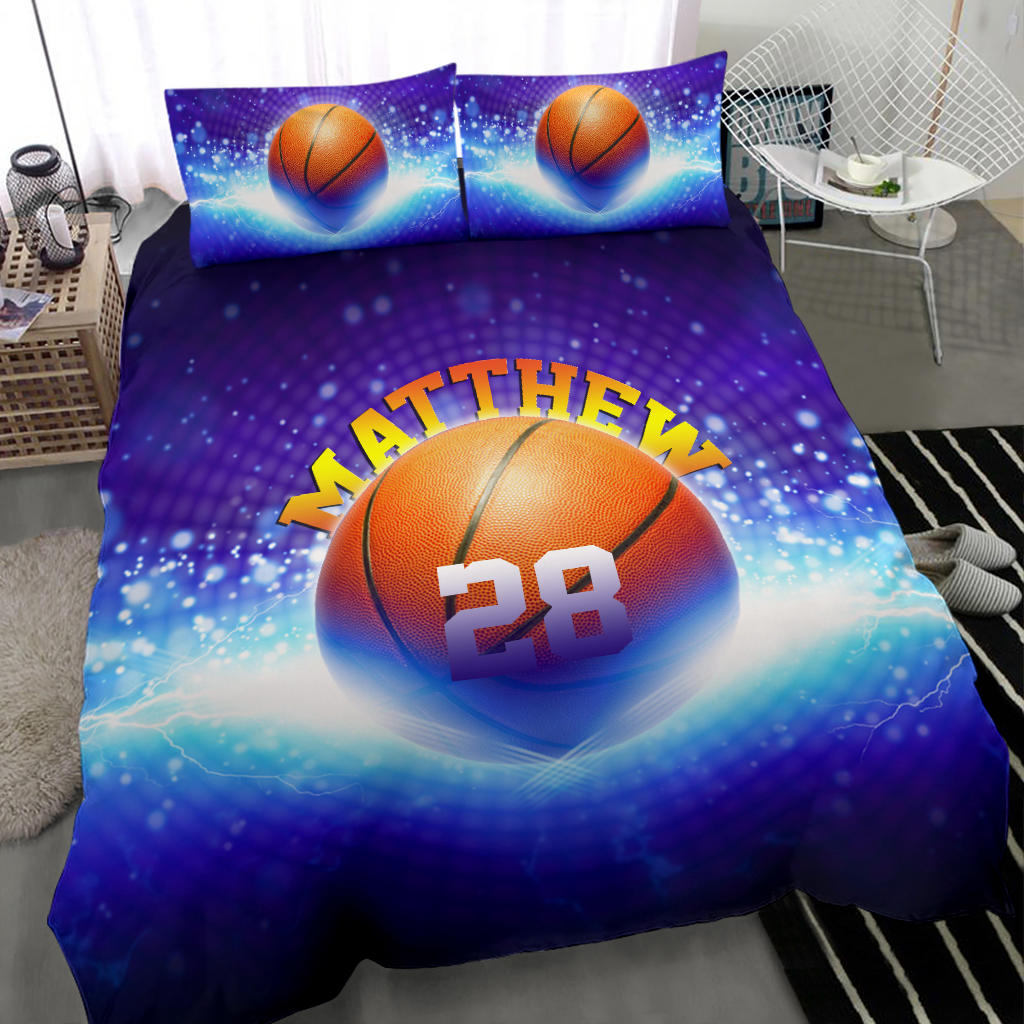 Personalized Basketball Duvet Cover Set, Basketball Ball Galaxy Blue Player Fan Gift Duvet Cover & Pillowcases, Custom Name Number Bedding Set