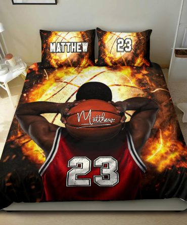 Personalized Basketball Duvet Cover Set, Basketballs Player Fire Ball Fan Gift Idea Duvet Cover & Pillowcases, Custom Name Number Bedding Set