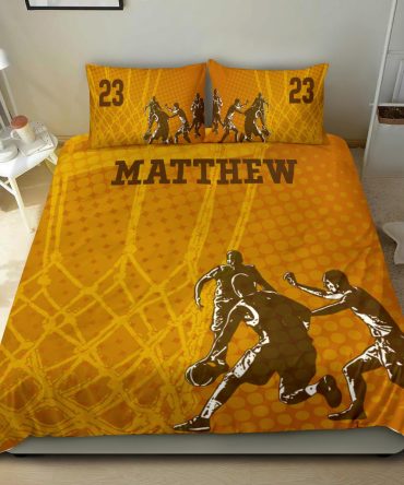 Personalized Basketball Duvet Cover Set, Basketballs Player Gift Orange Dot Pattern Duvet Cover & Pillowcases, Custom Name Number Bedding Set