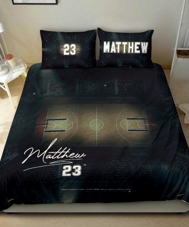 Personalized Basketball Duvet Cover Set, Basketballs Court Field Player Gift Black Duvet Cover & Pillowcases, Custom Name Number Bedding Set