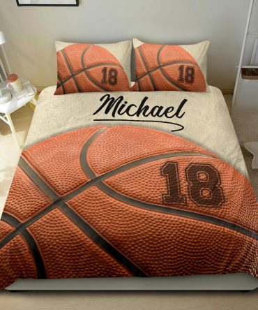 Personalized Basketball Duvet Cover Set, Basketball Ball 3D Printed Player Gift Beige Duvet Cover & Pillowcases, Custom Name Number Bedding Set