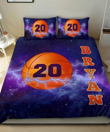 Personalized Basketball Duvet Cover Set, Basketball Ball Thunder Galaxy Player Gift Duvet Cover & Pillowcases, Custom Name Number Bedding Set