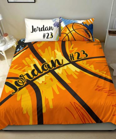 Personalized Basketball Duvet Cover Set, Basketball Youth Watercolor Orange Player Duvet Cover & Pillowcases, Custom Name Number Bedding Set