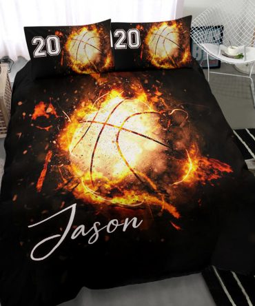 Personalized Basketball Duvet Cover Set, Basketball Fire Ball Player Gift Idea Black Duvet Cover & Pillowcases, Custom Name Number Bedding Set