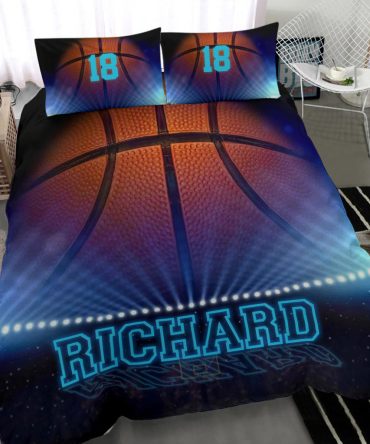 Personalized Basketball Duvet Cover Set, Basketball Big Ball 3D Printed Blue Player Duvet Cover & Pillowcases, Custom Name Number Bedding Set