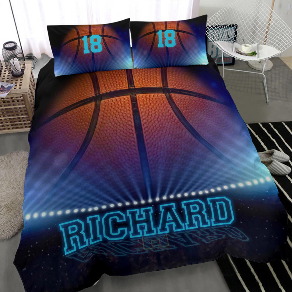 Personalized Basketball Duvet Cover Set, Basketball Big Ball 3D Printed Blue Player Duvet Cover & Pillowcases, Custom Name Number Bedding Set