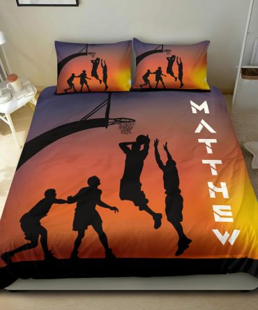 Personalized Basketball Duvet Cover Set, Basketball Sun Set Player Friend Orange Gift Idea Duvet Cover & Pillowcases, Custom Name Bedding Set