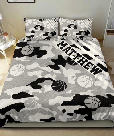 Personalized Basketball Duvet Cover Set, Basketball Black White Camo Ball Pattern Player Fan Duvet Cover & Pillowcases, Custom Name Bedding Set