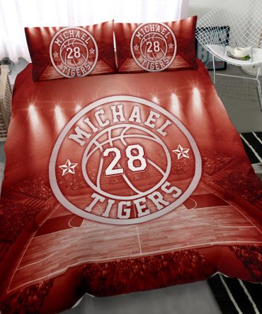 Personalized Basketball Duvet Cover Set, Basketball Court Field Player Gift Idea Red Duvet Cover & Pillowcases, Custom Name Number Bedding Set