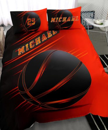Personalized Basketball Duvet Cover Set, Basketball Black Ball Player Gift Idea Red Duvet Cover & Pillowcases, Custom Name Number Bedding Set