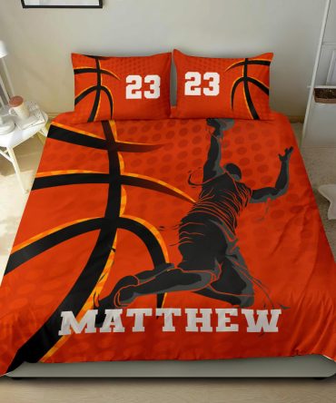 Personalized Basketball Duvet Cover Set, Basketball Player Posing Gift Red Orange Duvet Cover & Pillowcases, Custom Name Number Bedding Set