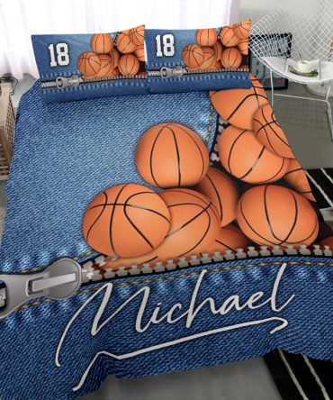 Personalized Basketball Duvet Cover Set, Basketball Ball Jeans Pattern Player Blue Duvet Cover & Pillowcases, Custom Name Number Bedding Set