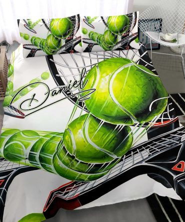 Personalized Tennis Duvet Cover Set, Tennis Bounce Green Ball Player Gift White Duvet Cover & Pillowcases, Custom Name Bedding Set
