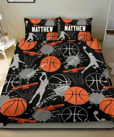 Personalized Basketball Duvet Cover Set, Basketball Ball Pattern Player Slam Dunk Black Duvet Cover & Pillowcases, Custom Name Bedding Set