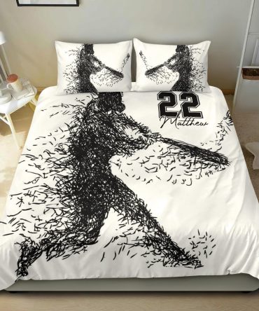 Personalized Baseball Duvet Cover Set, Baseball Sketch Batter Player Black White Duvet Cover & Pillowcases, Custom Name Number Bedding Set