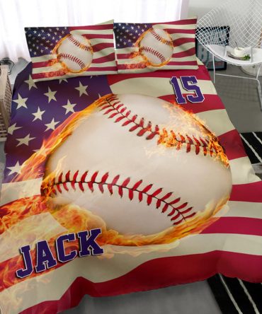 Personalized Baseball Duvet Cover Set, Baseball Fire Ball America Us Flag Player Duvet Cover & Pillowcases, Custom Name Number Bedding Set