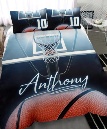 Personalized Basketball Duvet Cover Set, Basketball Ball Blue Light Player Gift Idea Duvet Cover & Pillowcases, Custom Name Number Bedding Set