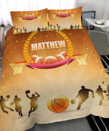 Personalized Basketball Duvet Cover Set, Basketball Ball Light Player Posing Winner Gift Duvet Cover & Pillowcases, Custom Name Bedding Set
