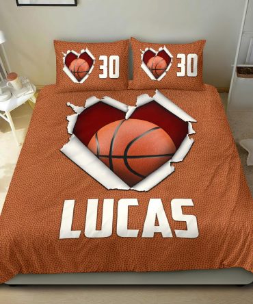 Personalized Basketball Duvet Cover Set, Basketball Ball Heart 3D Print Brown Player Duvet Cover & Pillowcases, Custom Name Number Bedding Set