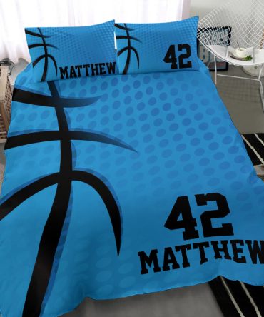 Personalized Basketball Duvet Cover Set, Basketball Blue Dot Pattern Plaey Gift Duvet Cover & Pillowcases, Custom Name Number Bedding Set