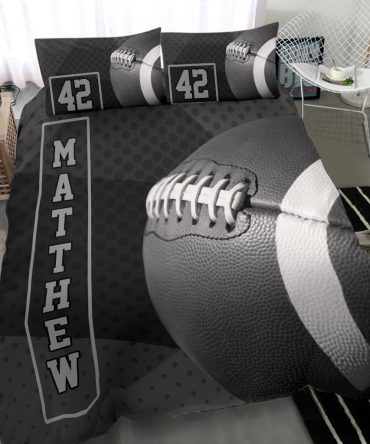 Personalized Football Duvet Cover Set, America Football Ball 3D Print Player Black Duvet Cover & Pillowcases, Custom Name Number Bedding Set