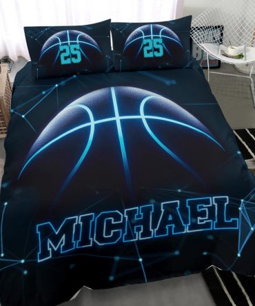 Personalized Basketball Duvet Cover Set, Basketball Blue Light Player Gift Black Duvet Cover & Pillowcases, Custom Name Number Bedding Set