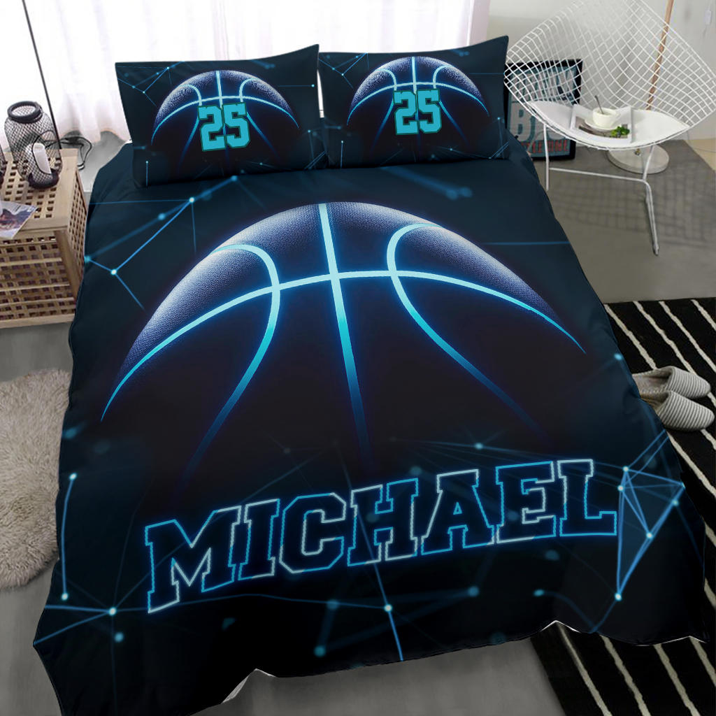 Personalized Basketball Duvet Cover Set, Basketball Blue Light Player Gift Black Duvet Cover & Pillowcases, Custom Name Number Bedding Set