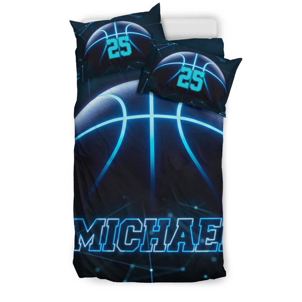 Personalized Basketball Duvet Cover Set, Basketball Blue Light Player Gift Black Duvet Cover & Pillowcases, Custom Name Number Bedding Set - Image 2