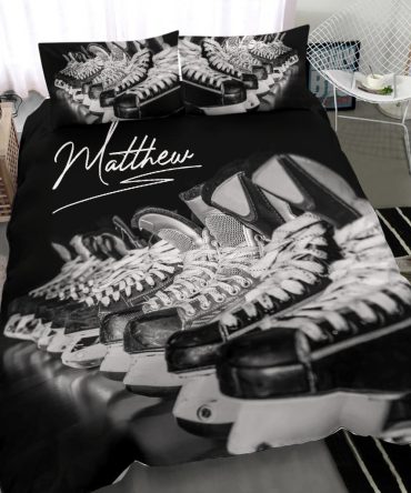 Personalized Hockey Duvet Cover Set, Hockey Skate Shoes Player Gift Vintage Black Duvet Cover & Pillowcases, Custom Name Bedding Set