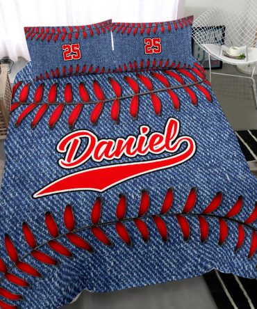 Personalized Baseball Duvet Cover Set, Baseball Jeans Pattern Blue Player Gift Duvet Cover & Pillowcases, Custom Name Number Bedding Set
