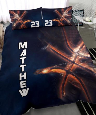 Personalized Basketball Duvet Cover Set, Basketball Light Fire Player Gift Black Duvet Cover & Pillowcases, Custom Name Number Bedding Set