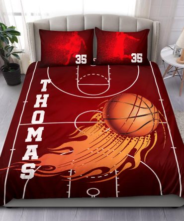 Personalized Basketball Duvet Cover Set, Basketball Court Red Fire Ball Player Gift Duvet Cover & Pillowcases, Custom Name Number Bedding Set