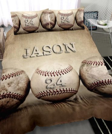 Personalized Baseball Duvet Cover Set, Baseball Ball Beige Vintage Player Gift Idea Duvet Cover & Pillowcases, Custom Name Number Bedding Set